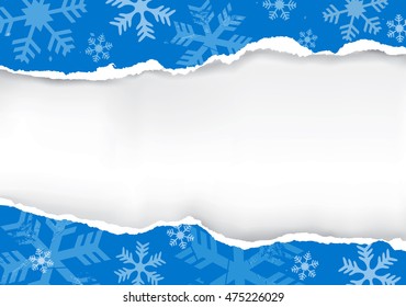 Ripped paper snowflakes background.
Blue grunge snowflakes background with torn paper with place for your text or image. Vector available.