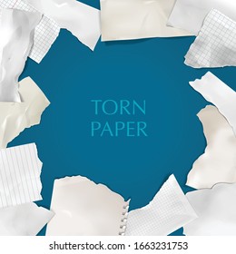 Ripped paper square background frame with checked kids school notebook scrapbook torn pages realistic decorative vector illustration 