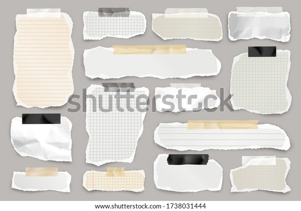 Ripped paper strips with adhesive tape.\
Realistic crumpled paper scraps with torn edges. Lined shreds of\
notebook pages. Vector\
illustration.