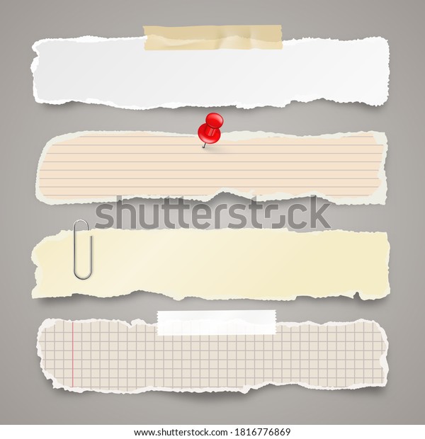 Ripped paper strips with adhesive tape.
Realistic crumpled paper scraps with torn edges. Lined shreds of
notebook pages. Vector
illustration.