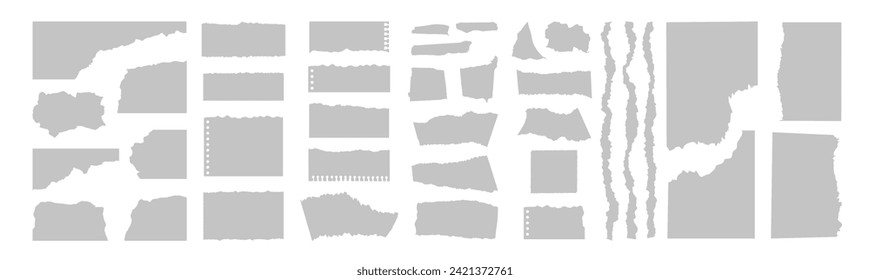 Ripped paper strips collection. Paper scraps with torn edges. Sticky notes, shreds of notebook pages
