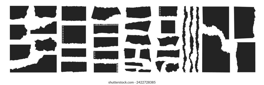 Ripped paper strips collection. Paper scraps with torn edges. Sticky notes, shreds of notebook pages