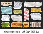 Ripped paper strips with handwritten text. Realistic crumpled paper scraps with torn edges. Shreds of notebook, book or old newspaper pages. Trendy collage elements. Vector illustration