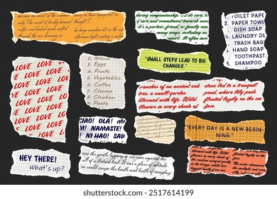 Ripped paper strips with handwritten text. Realistic crumpled paper scraps with torn edges. Shreds of notebook, book or old newspaper pages. Trendy collage elements. Vector illustration