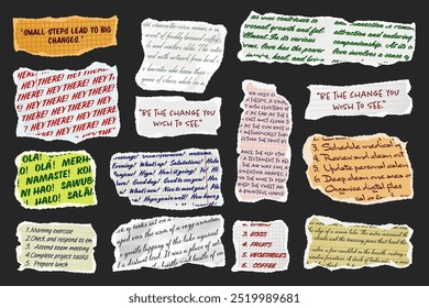 Ripped paper strips with handwritten text. Realistic crumpled paper scraps with torn edges. Shreds of notebook, book or old newspaper pages. Trendy collage elements. Vector illustration