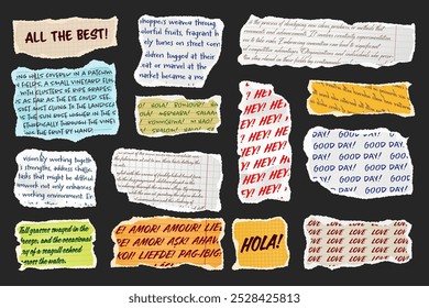 Ripped paper strips with handwritten text. Realistic crumpled paper scraps with torn edges. Shreds of notebook, book or old newspaper pages. Trendy collage elements. Vector illustration