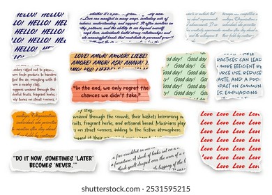 Ripped paper strips with handwritten text. Realistic crumpled paper scraps with torn edges. Shreds of notebook, book or old newspaper pages. Trendy collage elements. Vector illustration