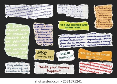 Ripped paper strips with handwritten text. Realistic crumpled paper scraps with torn edges. Shreds of notebook, book or old newspaper pages. Trendy collage elements. Vector illustration