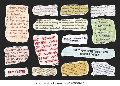 Ripped paper strips with handwritten text. Realistic crumpled paper scraps with torn edges. Shreds of notebook, book or old newspaper pages. Trendy collage elements. Vector illustration