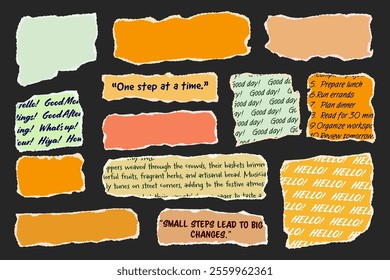 Ripped paper strips with handwritten text. Realistic crumpled paper scraps with torn edges. Shreds of notebook, book or old newspaper pages. Trendy collage elements. Vector illustration.