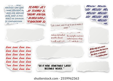 Ripped paper strips with handwritten text. Realistic crumpled paper scraps with torn edges. Shreds of notebook, book or old newspaper pages. Trendy collage elements. Vector illustration.