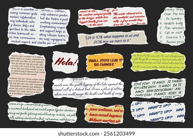 Ripped paper strips with handwritten text. Realistic crumpled paper scraps with torn edges. Shreds of notebook, book or old newspaper pages. Trendy collage elements. Vector illustration