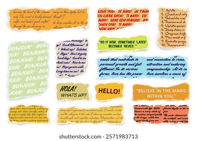 Ripped paper strips with handwritten text. Realistic crumpled paper scraps with torn edges. Shreds of notebook, book or old newspaper pages. Trendy collage elements. Vector illustration