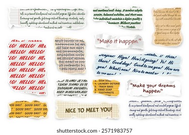 Ripped paper strips with handwritten text. Realistic crumpled paper scraps with torn edges. Shreds of notebook, book or old newspaper pages. Trendy collage elements. Vector illustration