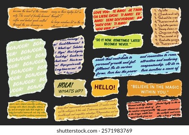 Ripped paper strips with handwritten text. Realistic crumpled paper scraps with torn edges. Shreds of notebook, book or old newspaper pages. Trendy collage elements. Vector illustration