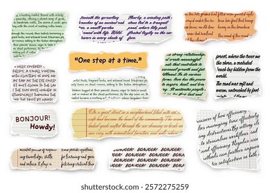 Ripped paper strips with handwritten text. Realistic crumpled paper scraps with torn edges. Shreds of notebook, book or old newspaper pages. Trendy collage elements. Vector illustration