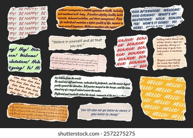 Ripped paper strips with handwritten text. Realistic crumpled paper scraps with torn edges. Shreds of notebook, book or old newspaper pages. Trendy collage elements. Vector illustration