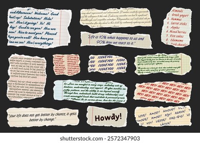 Ripped paper strips with handwritten text. Realistic crumpled paper scraps with torn edges. Shreds of notebook, book or old newspaper pages. Trendy collage elements. Vector illustration