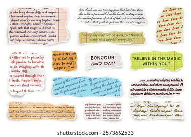 Ripped paper strips with handwritten text. Realistic crumpled paper scraps with torn edges. Shreds of notebook, book or old newspaper pages. Trendy collage elements. Vector illustration