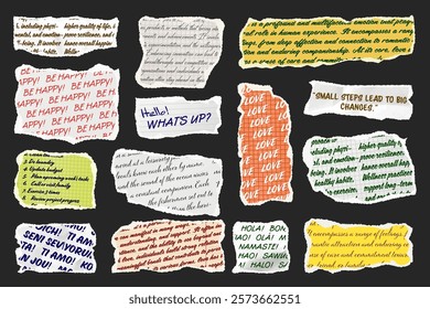 Ripped paper strips with handwritten text. Realistic crumpled paper scraps with torn edges. Shreds of notebook, book or old newspaper pages. Trendy collage elements. Vector illustration