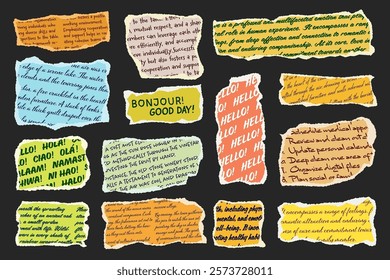 Ripped paper strips with handwritten text. Realistic crumpled paper scraps with torn edges. Shreds of notebook, book or old newspaper pages. Trendy collage elements. Vector illustration