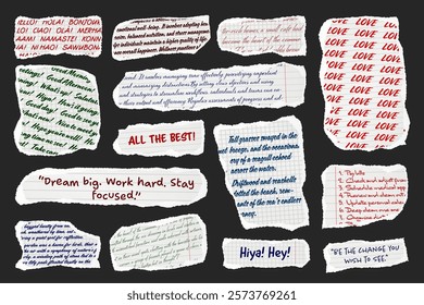 Ripped paper strips with handwritten text. Realistic crumpled paper scraps with torn edges. Shreds of notebook, book or old newspaper pages. Trendy collage elements. Vector illustration