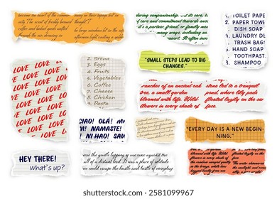 Ripped paper strips with handwritten text. Realistic crumpled paper scraps with torn edges. Shreds of notebook, book or old newspaper pages. Trendy collage elements. Vector illustration