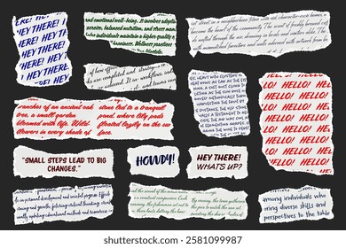 Ripped paper strips with handwritten text. Realistic crumpled paper scraps with torn edges. Shreds of notebook, book or old newspaper pages. Trendy collage elements. Vector illustration