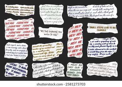 Ripped paper strips with handwritten text. Realistic crumpled paper scraps with torn edges. Shreds of notebook, book or old newspaper pages. Trendy collage elements. Vector illustration
