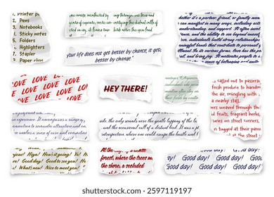 Ripped paper strips with handwritten text. Realistic crumpled paper scraps with torn edges. Shreds of notebook, book or old newspaper pages. Trendy collage elements. Vector illustration