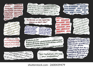 Ripped paper strips with handwritten text. Realistic crumpled paper scraps with torn edges. Shreds of notebook, book or old newspaper pages. Trendy collage elements. Vector illustration