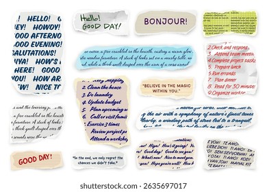 Ripped paper strips with handwritten text. Realistic crumpled paper scraps with torn edges. Shreds of notebook, book or old newspaper pages. Trendy collage elements. Vector illustration