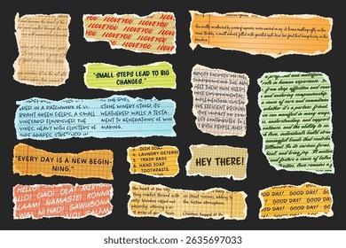 Ripped paper strips with handwritten text. Realistic crumpled paper scraps with torn edges. Shreds of notebook, book or old newspaper pages. Trendy collage elements. Vector illustration