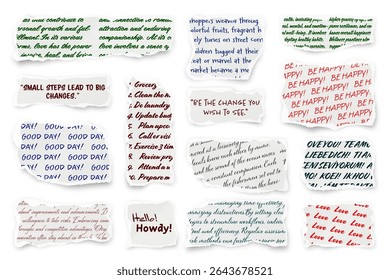 Ripped paper strips with handwritten text. Realistic crumpled paper scraps with torn edges. Shreds of notebook, book or old newspaper pages. Trendy collage elements. Vector illustration