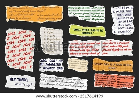 Ripped paper strips with handwritten text. Realistic crumpled paper scraps with torn edges. Shreds of notebook, book or old newspaper pages. Trendy collage elements. Vector illustration