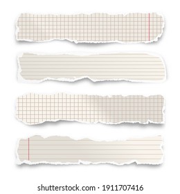 Ripped paper strips isolated on white background. Realistic crumpled paper scraps with torn edges. Lined shreds of notebook pages. Vector illustration.