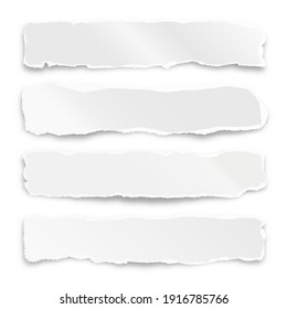 Ripped paper strips isolated on white background. Realistic crumpled paper scraps with torn edges. Shreds of notebook pages. Vector illustration.
