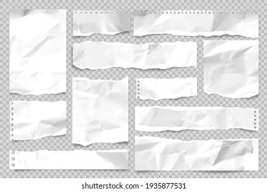 Ripped paper strips isolated on transparent background. Realistic crumpled paper scraps with torn edges. Sticky notes, shreds of notebook pages. Vector illustration.