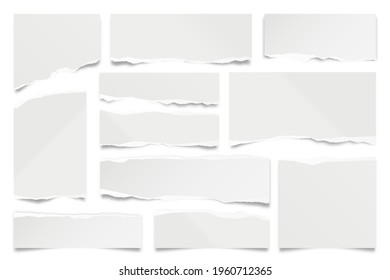 Ripped paper strips isolated on white background. Realistic paper scraps with torn edges. Sticky notes, shreds of notebook pages. Vector illustration.