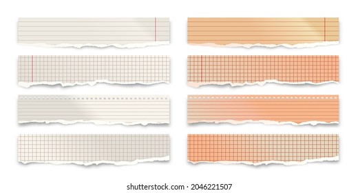 Ripped paper strips isolated on white background. Realistic crumpled paper scraps with torn edges. Lined shreds of notebook pages. Vector illustration.