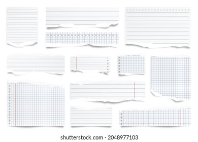 Ripped paper strips isolated on white background. Realistic lined paper scraps with torn edges. Sticky notes, shreds of notebook pages. Vector illustration.