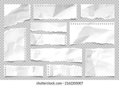 Ripped paper strips isolated on transparent background. Realistic crumpled paper scraps with torn edges. Sticky notes, shreds of notebook pages. Vector illustration.