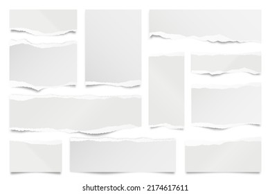 Ripped paper strips isolated on white background. Realistic paper scraps with torn edges. Sticky notes, shreds of notebook pages. Vector illustration.