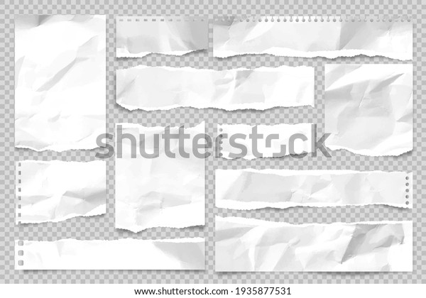 Ripped paper strips isolated\
on transparent background. Realistic crumpled paper scraps with\
torn edges. Sticky notes, shreds of notebook pages. Vector\
illustration.