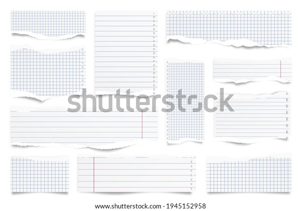 Ripped paper strips isolated on
white background. Realistic lined paper scraps with torn edges.
Sticky notes, shreds of notebook pages. Vector
illustration.
