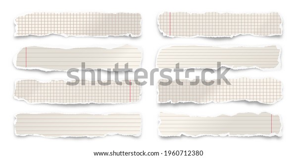 Ripped paper strips isolated on white\
background. Realistic crumpled paper scraps with torn edges. Lined\
shreds of notebook pages. Vector\
illustration.