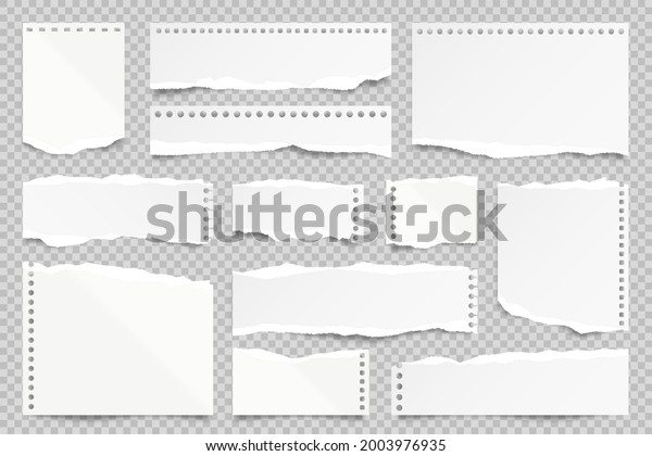 Ripped paper strips isolated on\
transparent background. Realistic paper scraps with torn edges.\
Sticky notes, shreds of notebook pages. Vector\
illustration.