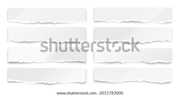 Ripped paper strips isolated on white\
background. Realistic crumpled paper scraps with torn edges. Shreds\
of notebook pages. Vector\
illustration.