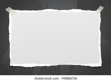 Ripped paper with strips, notebook sheet for note or message stuck on black background.