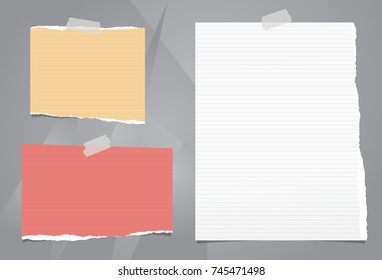 Ripped paper strips, notebook sheets for note or message stuck with sticky tape on gray background.